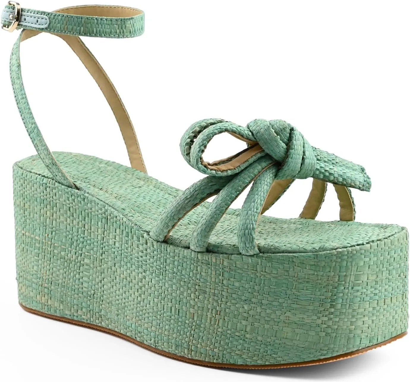Raffia Platform Sandals for Women,Bow Ankle Strappy Espadrille Wedges Sandals Comfortable Square Open Toe Straw Sandals