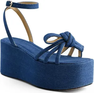 Raffia Platform Sandals for Women,Bow Ankle Strappy Espadrille Wedges Sandals Comfortable Square Open Toe Straw Sandals
