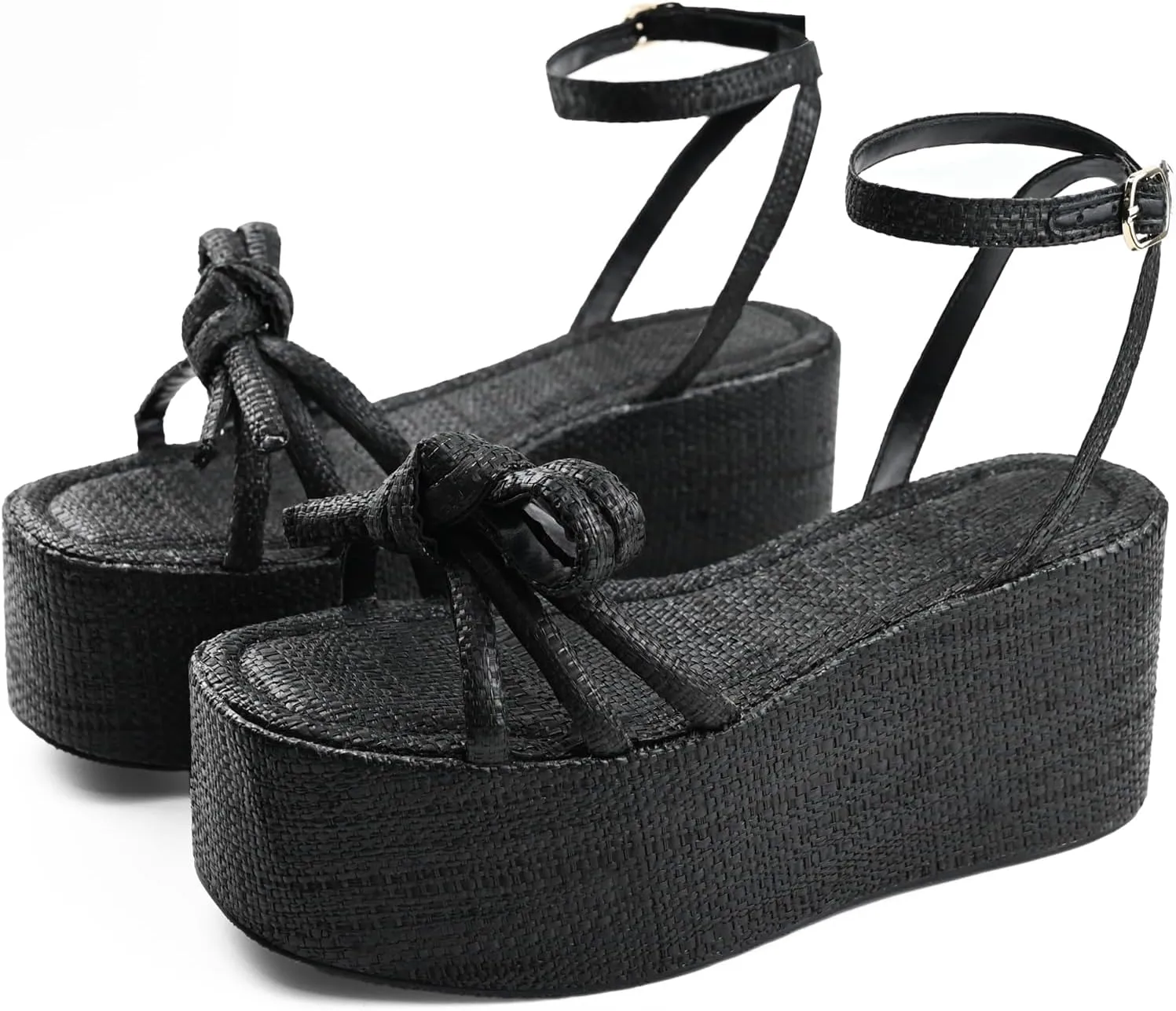 Raffia Platform Sandals for Women,Bow Ankle Strappy Espadrille Wedges Sandals Comfortable Square Open Toe Straw Sandals