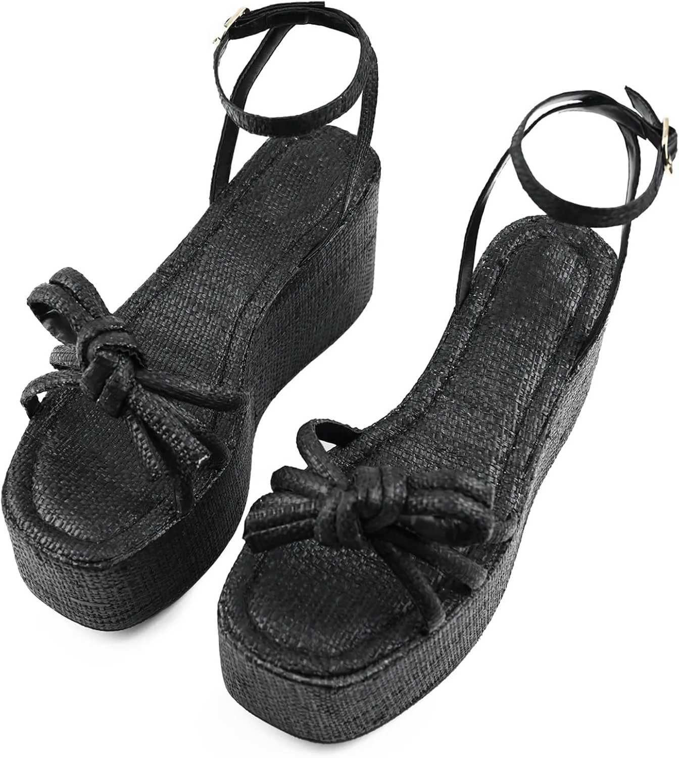 Raffia Platform Sandals for Women,Bow Ankle Strappy Espadrille Wedges Sandals Comfortable Square Open Toe Straw Sandals