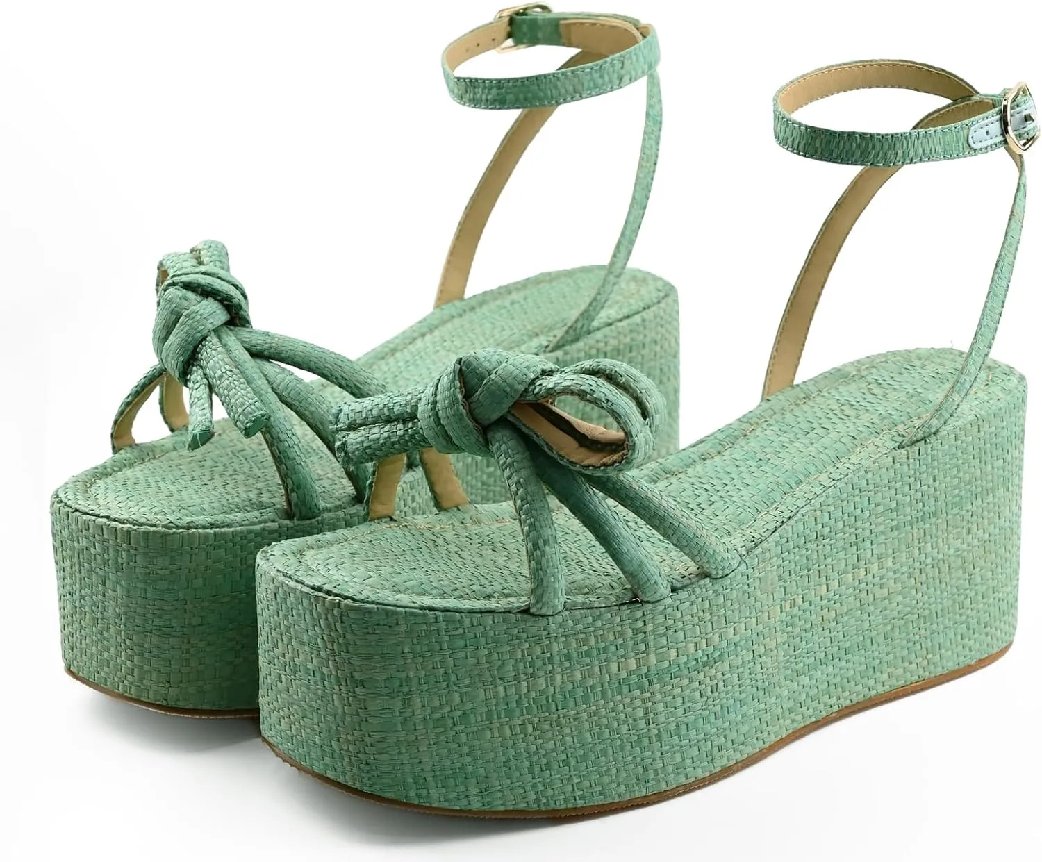 Raffia Platform Sandals for Women,Bow Ankle Strappy Espadrille Wedges Sandals Comfortable Square Open Toe Straw Sandals