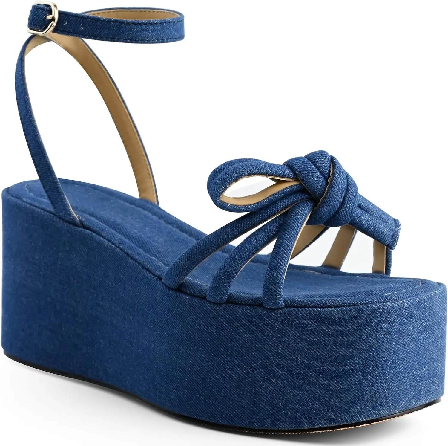 Raffia Platform Sandals for Women,Bow Ankle Strappy Espadrille Wedges Sandals Comfortable Square Open Toe Straw Sandals