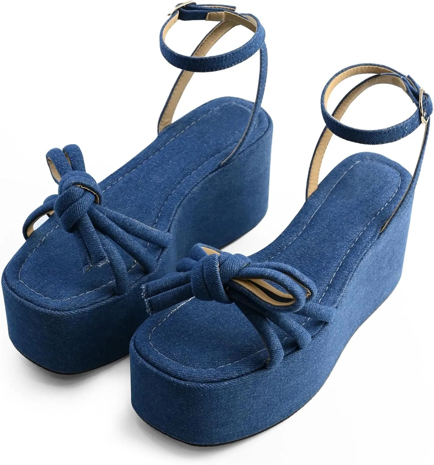Raffia Platform Sandals for Women,Bow Ankle Strappy Espadrille Wedges Sandals Comfortable Square Open Toe Straw Sandals