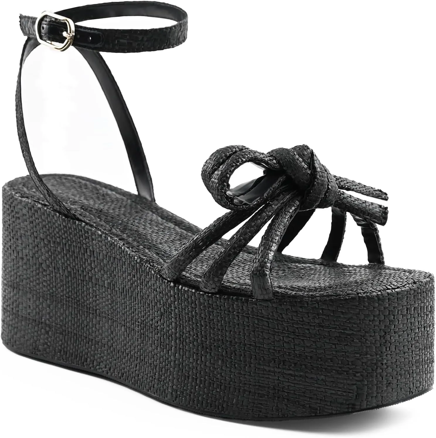 Raffia Platform Sandals for Women,Bow Ankle Strappy Espadrille Wedges Sandals Comfortable Square Open Toe Straw Sandals
