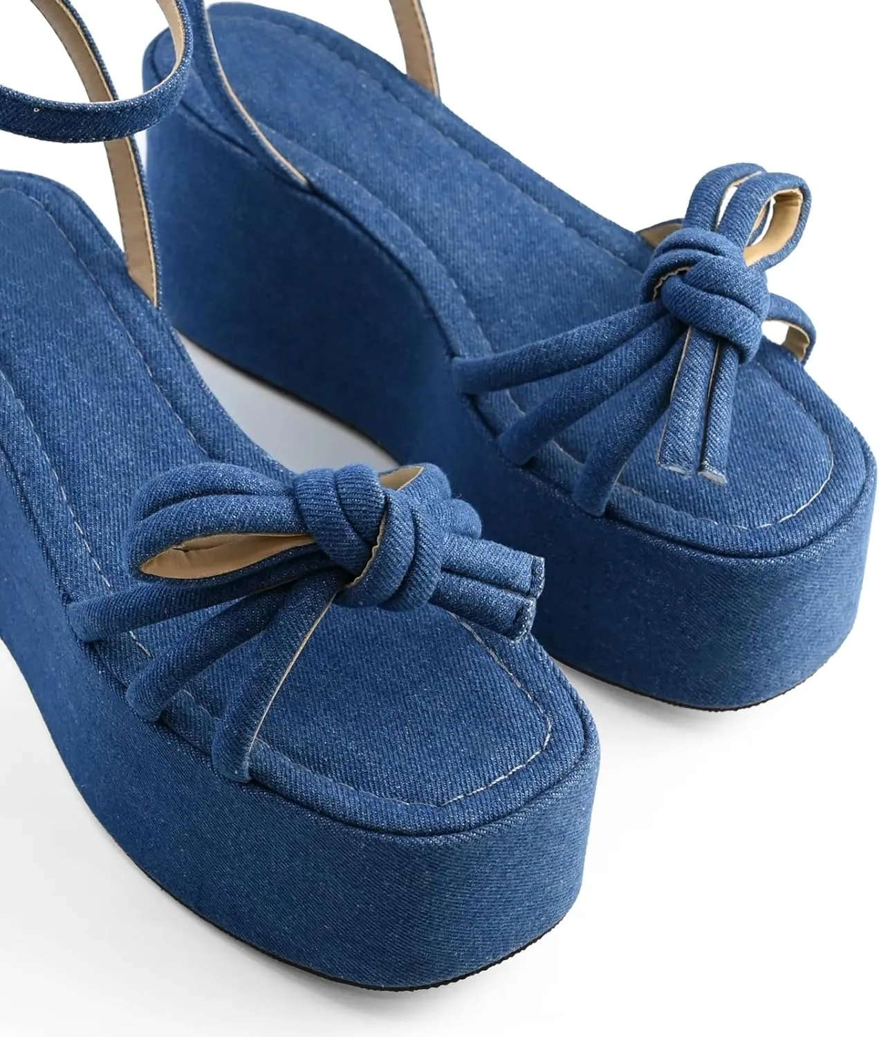 Raffia Platform Sandals for Women,Bow Ankle Strappy Espadrille Wedges Sandals Comfortable Square Open Toe Straw Sandals