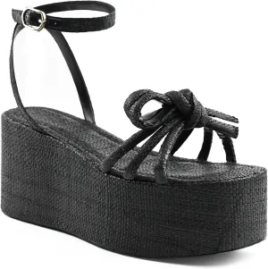 Raffia Platform Sandals for Women,Bow Ankle Strappy Espadrille Wedges Sandals Comfortable Square Open Toe Straw Sandals