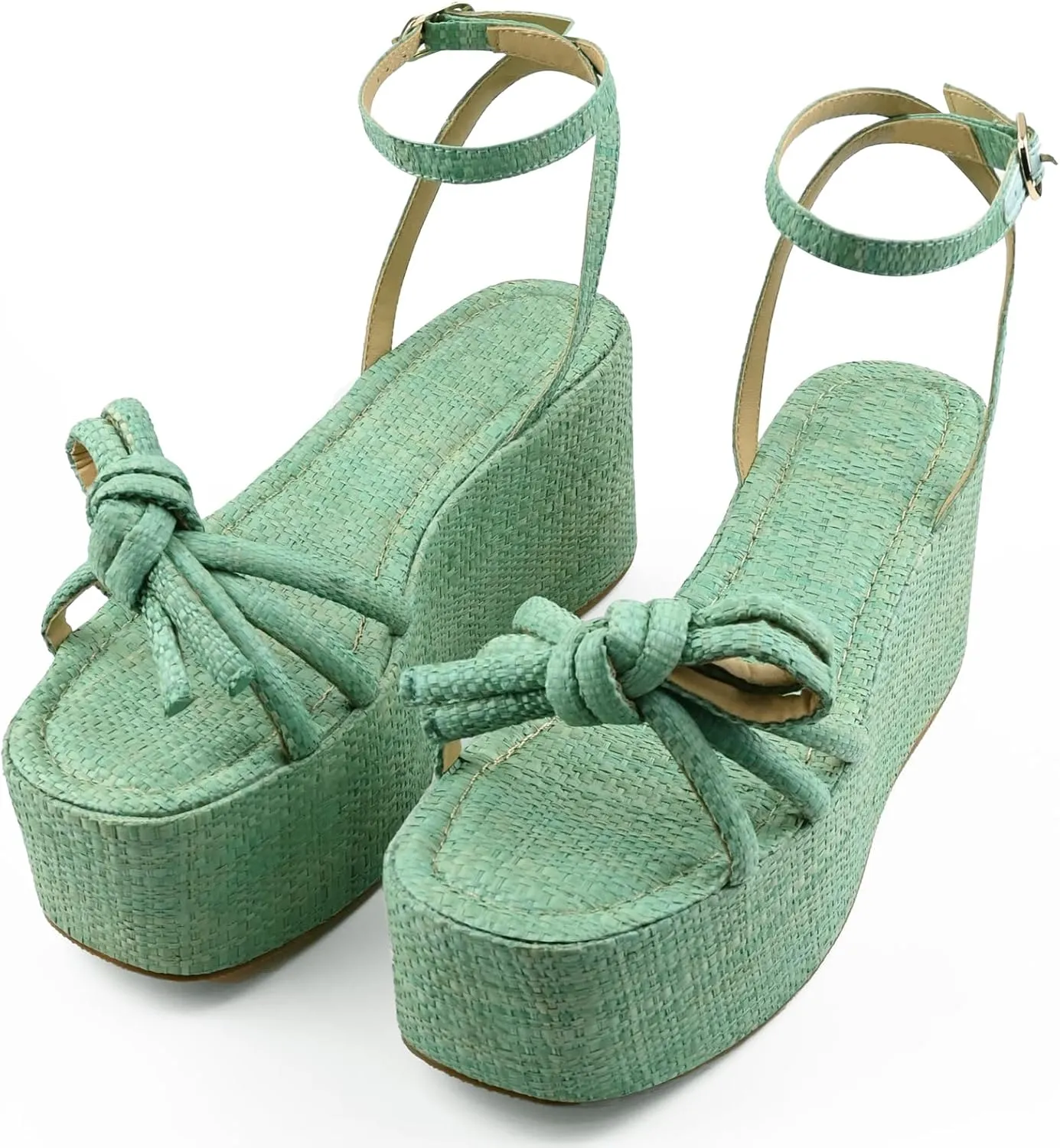 Raffia Platform Sandals for Women,Bow Ankle Strappy Espadrille Wedges Sandals Comfortable Square Open Toe Straw Sandals
