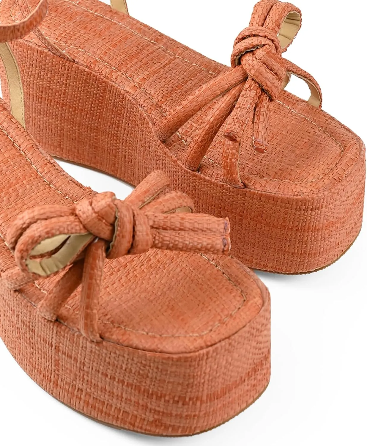 Raffia Platform Sandals for Women,Bow Ankle Strappy Espadrille Wedges Sandals Comfortable Square Open Toe Straw Sandals