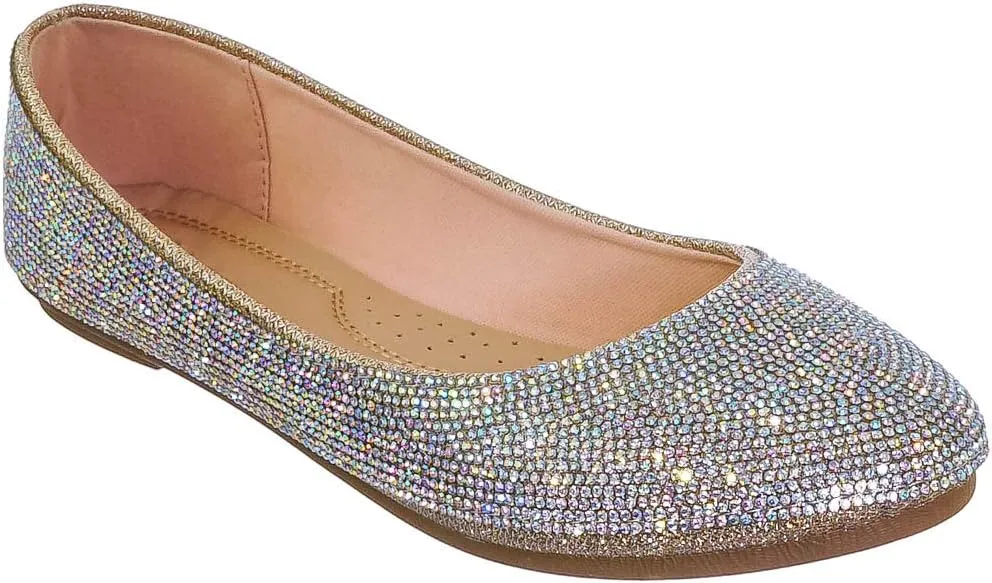 Rhinestone Crystal Embellished Ballet Flats - Round Toe Padded Shoes
