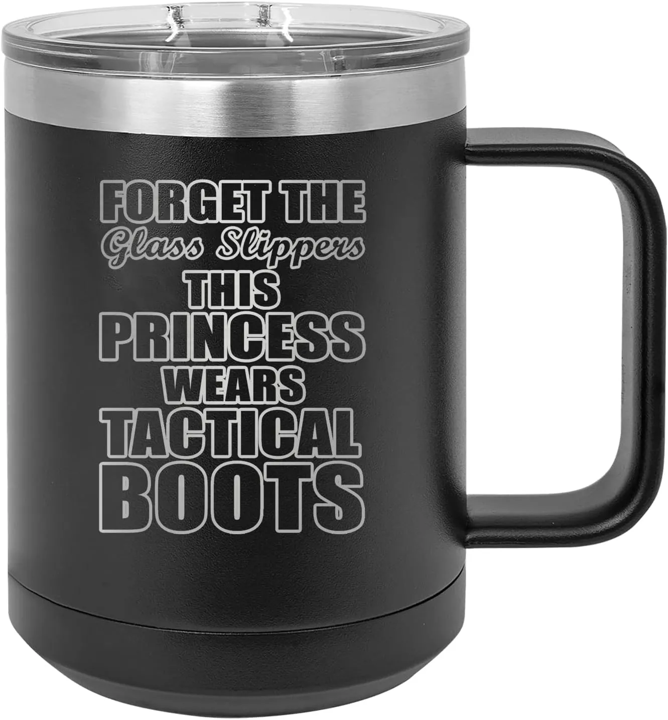 Rogue River Tactical Forget The Glass Slippers This Princess Wears Tactical Boots 15oz Coffee Travel Tumbler Mug Cup with Lid Vacuum Insulated Hot or Cold USA Flag Military Vet Gift Black