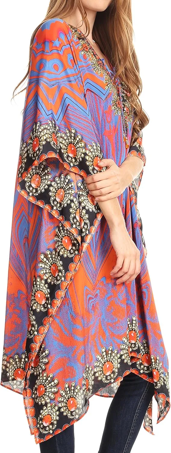 Sakkas Kristy Long Tall Lightweight Caftan Dress/Cover Up with V-Neck Jewels
