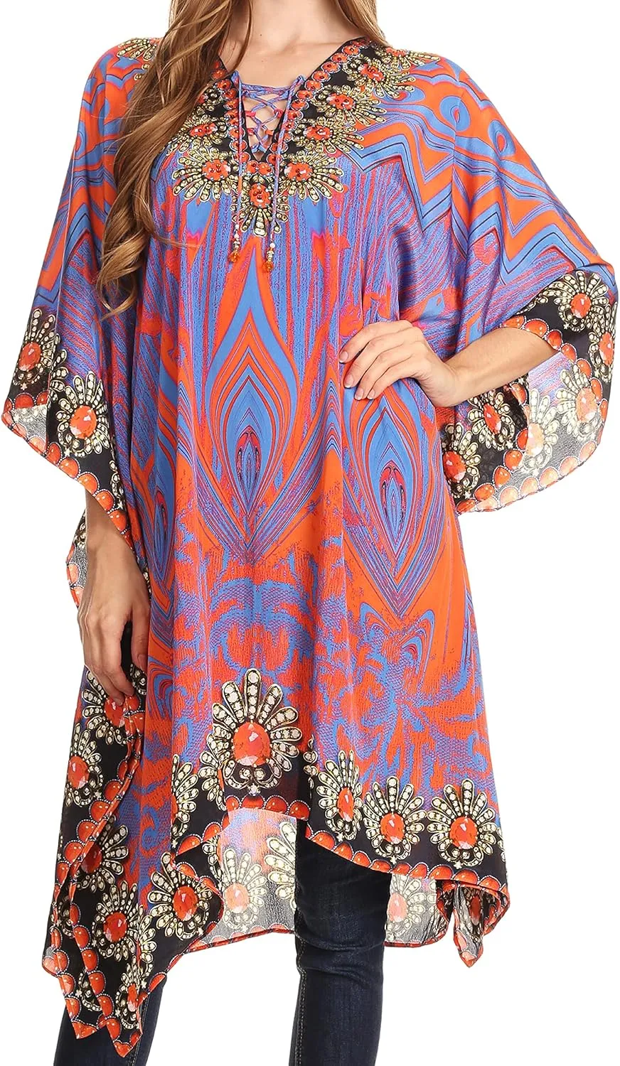 Sakkas Kristy Long Tall Lightweight Caftan Dress/Cover Up with V-Neck Jewels