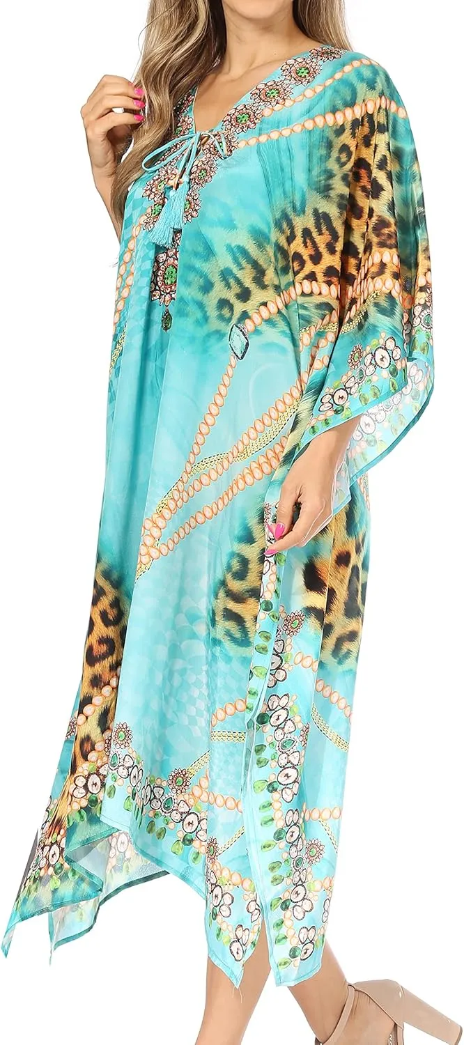 Sakkas Kristy Long Tall Lightweight Caftan Dress/Cover Up with V-Neck Jewels
