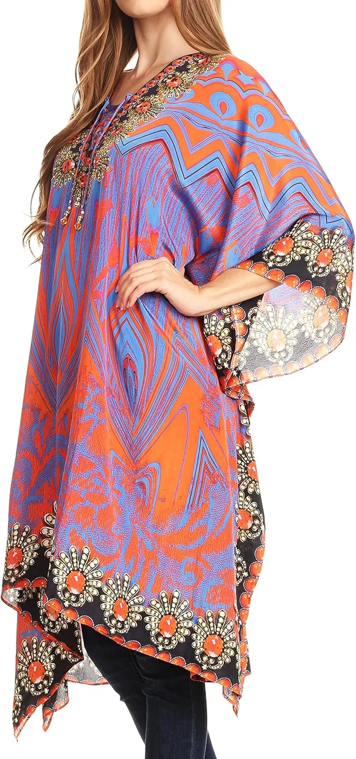 Sakkas Kristy Long Tall Lightweight Caftan Dress/Cover Up with V-Neck Jewels