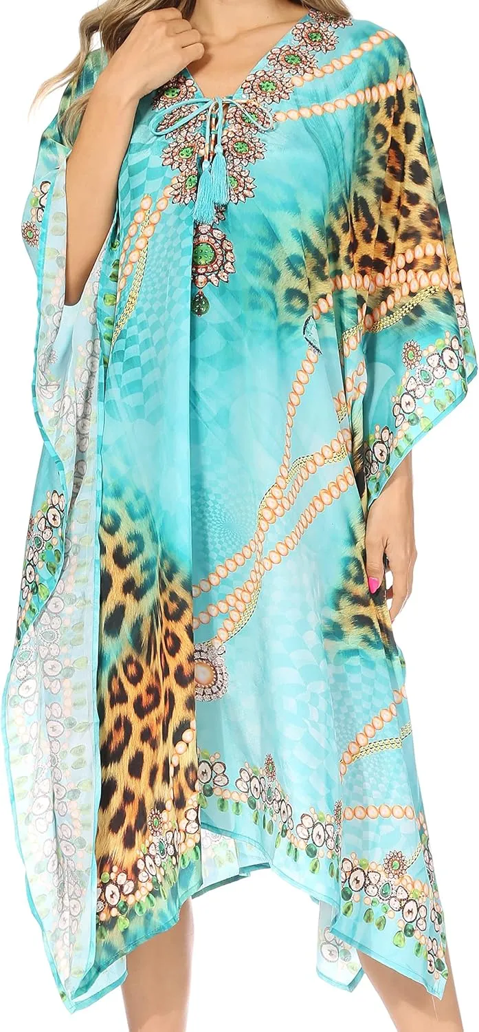 Sakkas Kristy Long Tall Lightweight Caftan Dress/Cover Up with V-Neck Jewels
