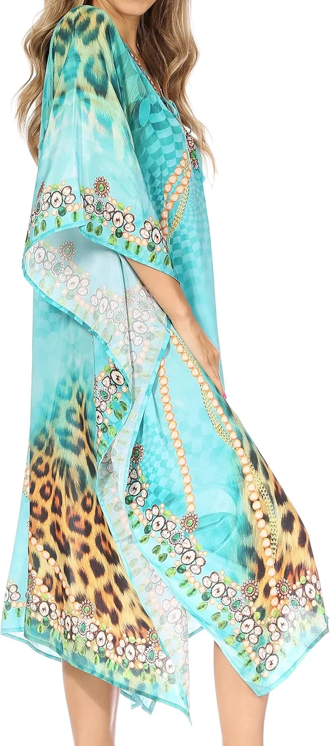 Sakkas Kristy Long Tall Lightweight Caftan Dress/Cover Up with V-Neck Jewels