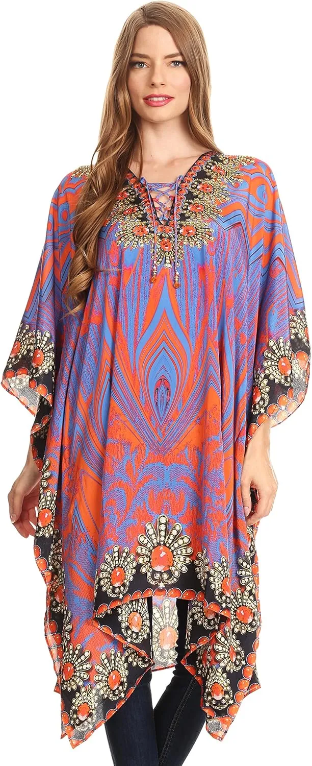 Sakkas Kristy Long Tall Lightweight Caftan Dress/Cover Up with V-Neck Jewels
