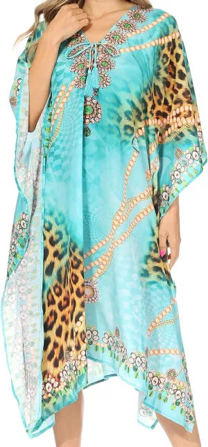Sakkas Kristy Long Tall Lightweight Caftan Dress/Cover Up with V-Neck Jewels