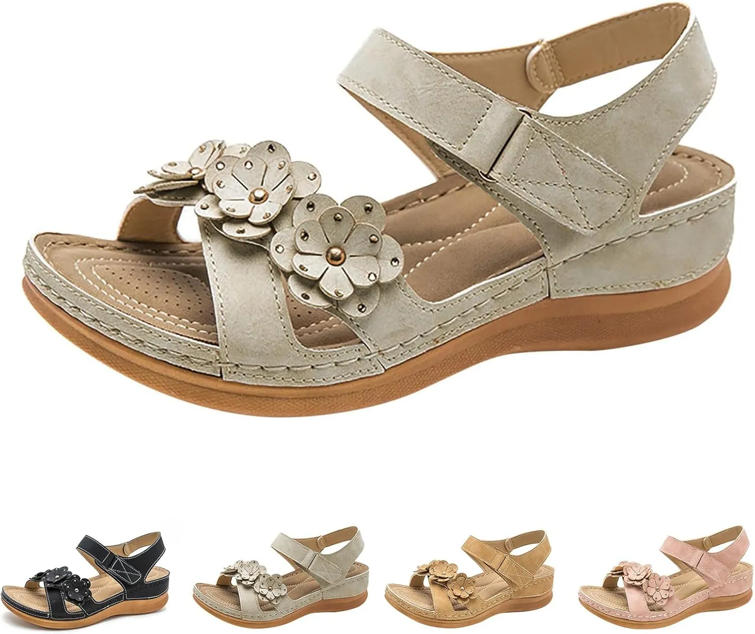 Sandals for Women Wedge Shoes Slip On Dressy Summer Comfortable Slides Sandals, Flower Open Toe Platform Sandal Ankle Strap Platform Shoes All Day Comfort
