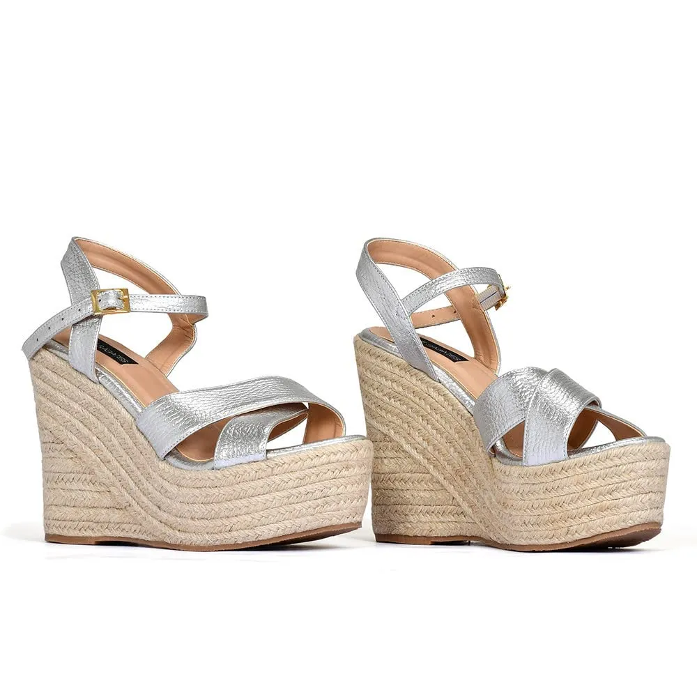 Sábates Summer Espadrilles Platform Sandal for Women Ankle Strap Open Toe Designis. Colors: Gold and Silver (5, Silver)