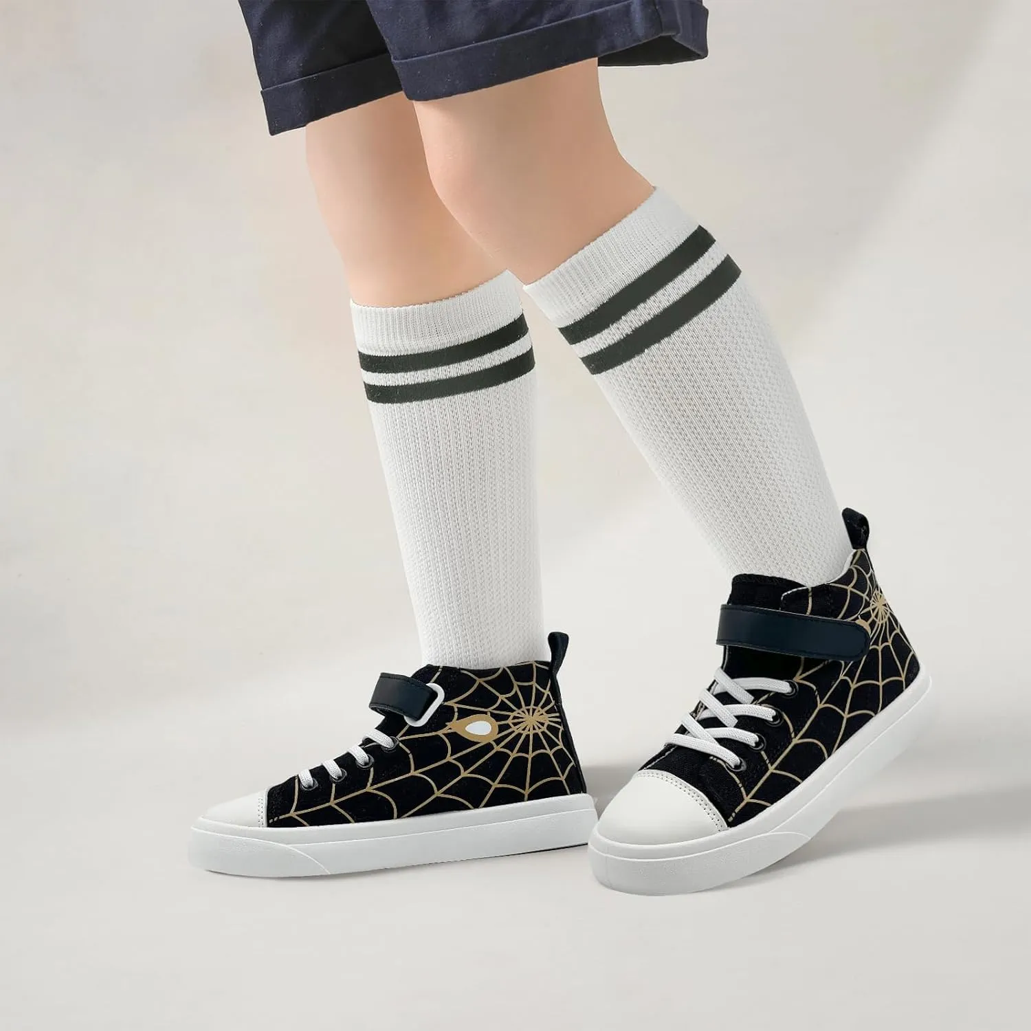 Sharllen Kid Canvas High Top Spider Sneakers Classic Adjustable Strap Lace up Shoes for Boys Girls Casual Tennis Kids Athletic Basketball Running Walking Shoes