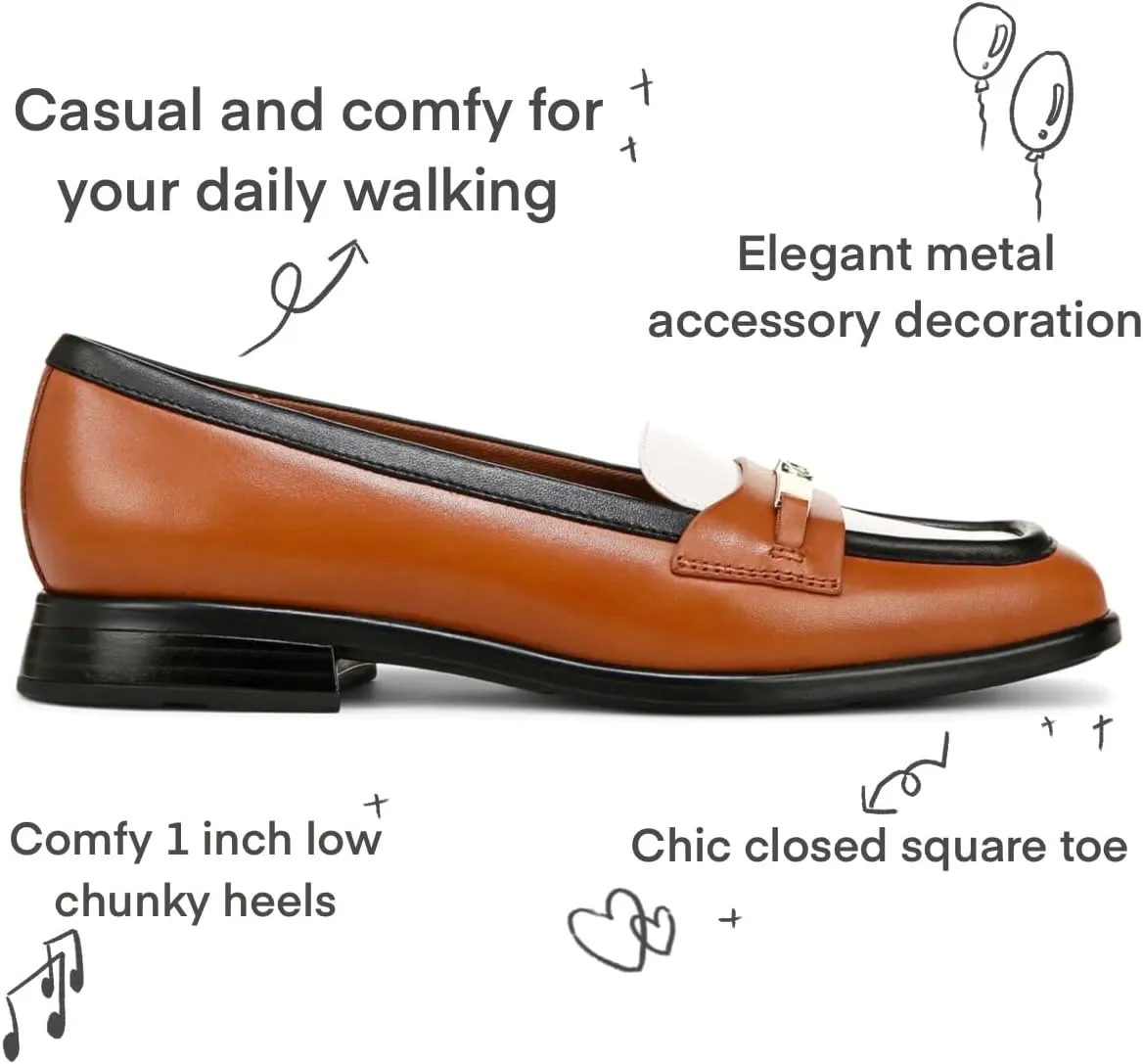SHODENSE Women Square Toe Loafers Slip On Low Chunky Heel Penny Loafers Shoes Two Tone 1 inch Block Heel Dress Shoes Matte Vintage Classic Walking Drive Loafers Office Casual Size 4-11 M US