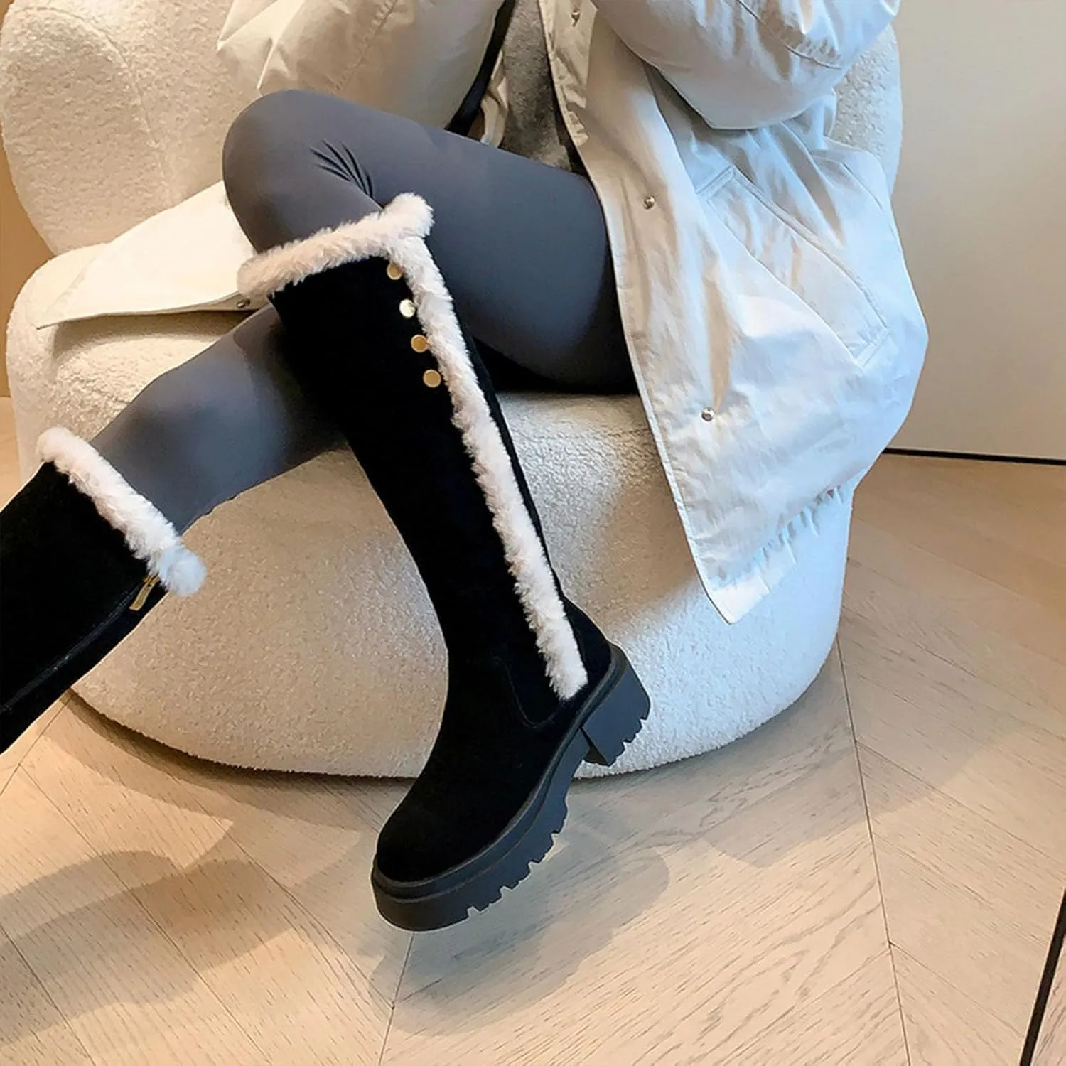 Side Zipper Knee-High Boots Snow Boots, Thick Bottom Low Heel Round Toe Straight Boots Short Plush Lining Raw Edge Warm High Boots Suede Frosted Fashion Boots