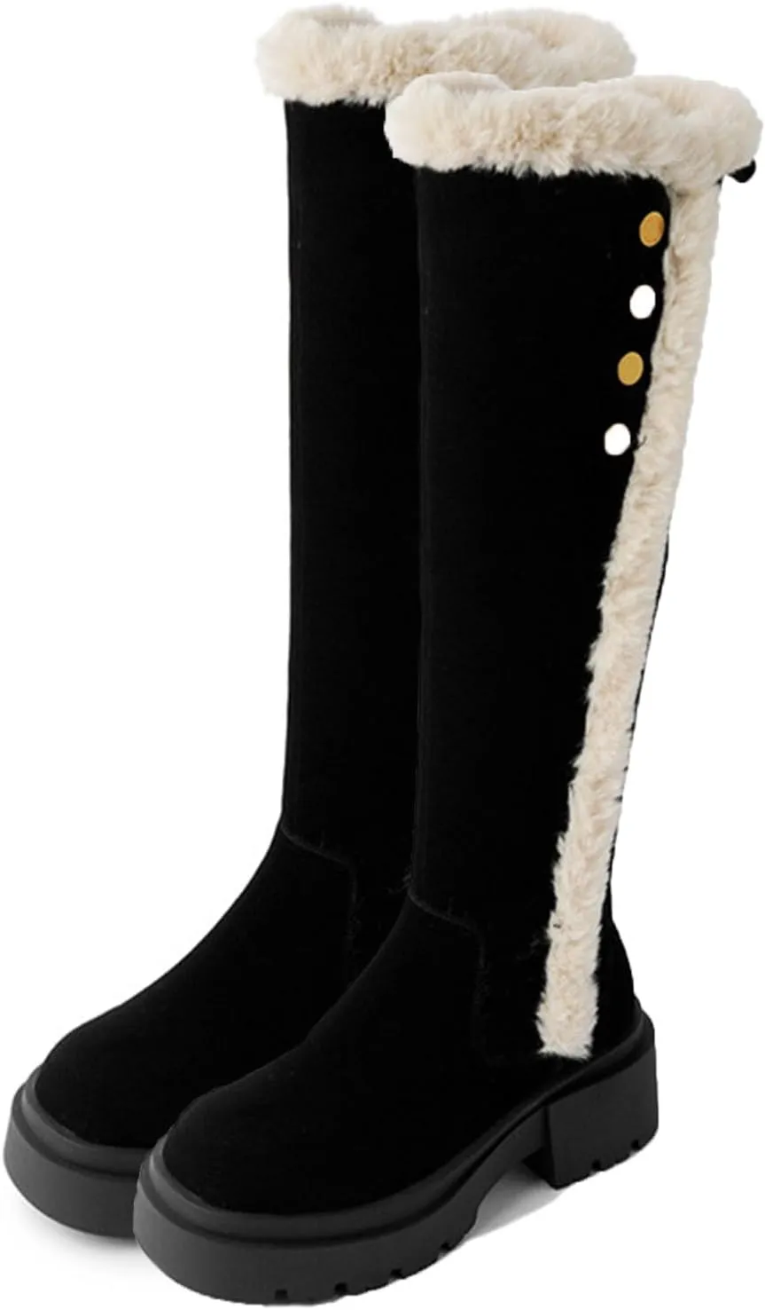 Side Zipper Knee-High Boots Snow Boots, Thick Bottom Low Heel Round Toe Straight Boots Short Plush Lining Raw Edge Warm High Boots Suede Frosted Fashion Boots