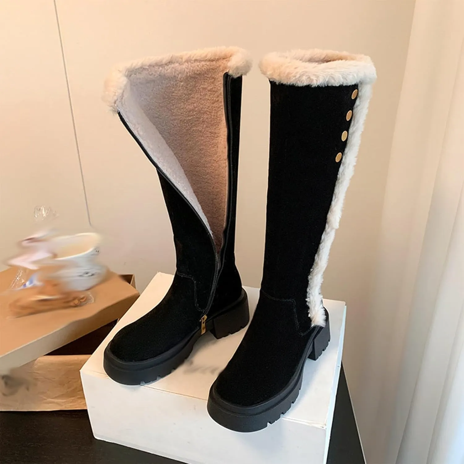 Side Zipper Knee-High Boots Snow Boots, Thick Bottom Low Heel Round Toe Straight Boots Short Plush Lining Raw Edge Warm High Boots Suede Frosted Fashion Boots