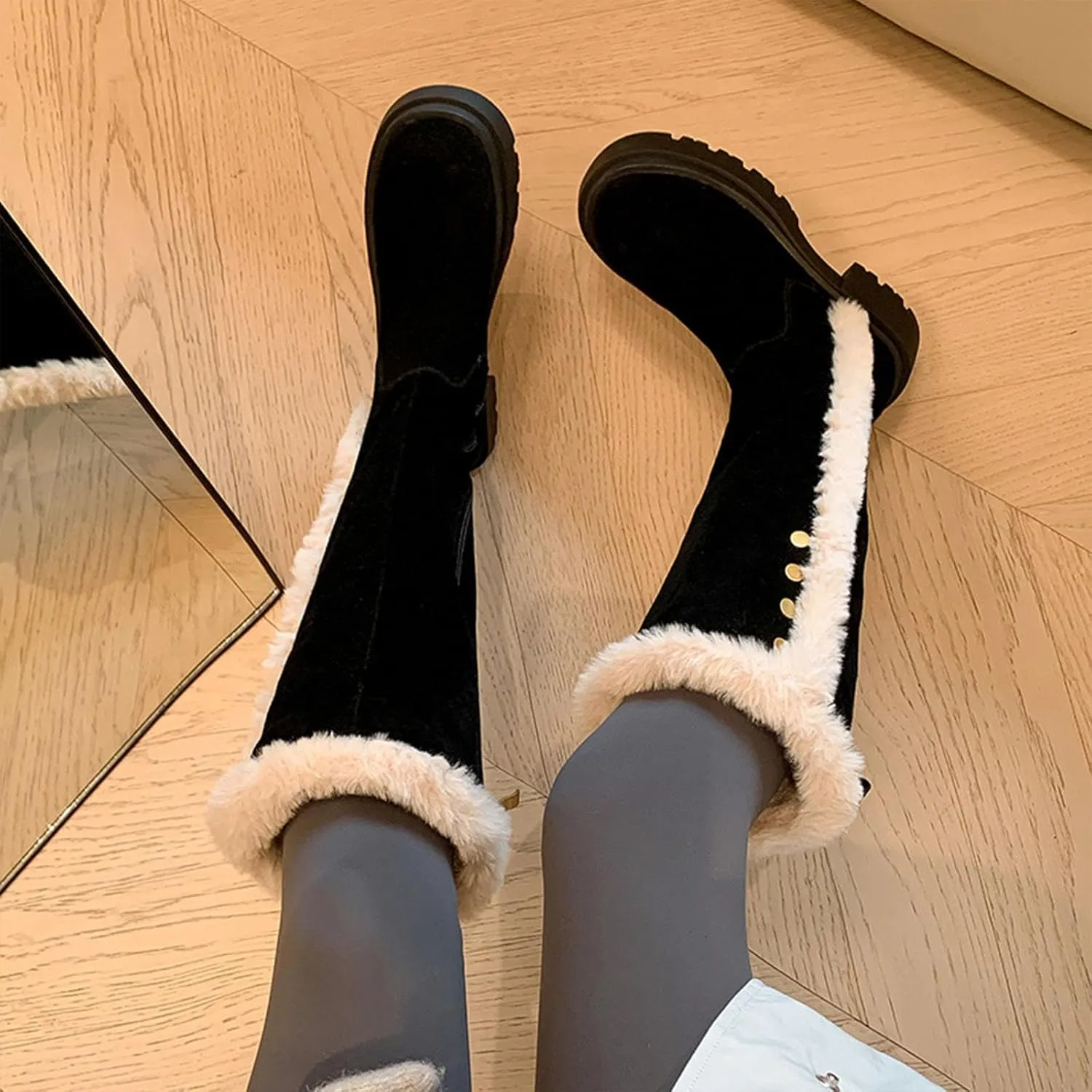 Side Zipper Knee-High Boots Snow Boots, Thick Bottom Low Heel Round Toe Straight Boots Short Plush Lining Raw Edge Warm High Boots Suede Frosted Fashion Boots