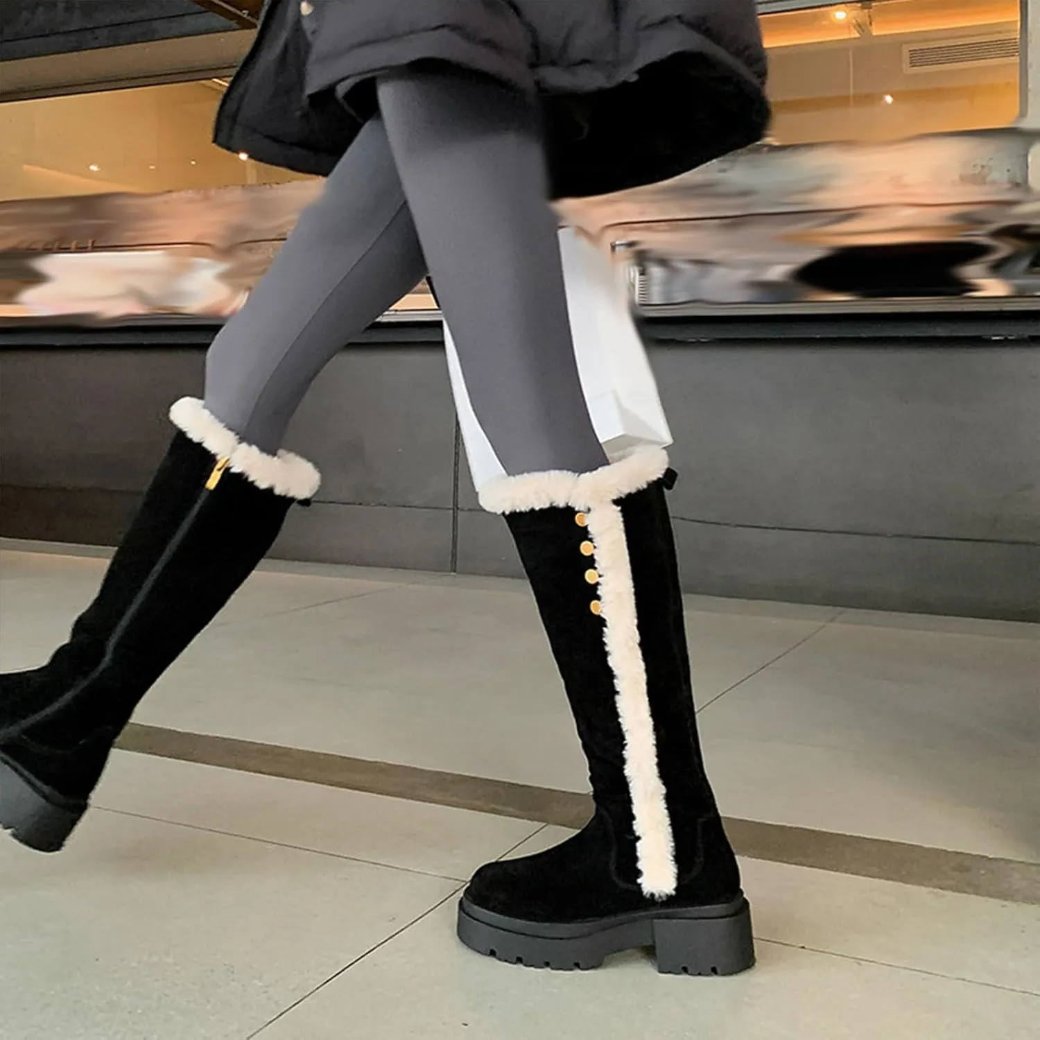 Side Zipper Knee-High Boots Snow Boots, Thick Bottom Low Heel Round Toe Straight Boots Short Plush Lining Raw Edge Warm High Boots Suede Frosted Fashion Boots