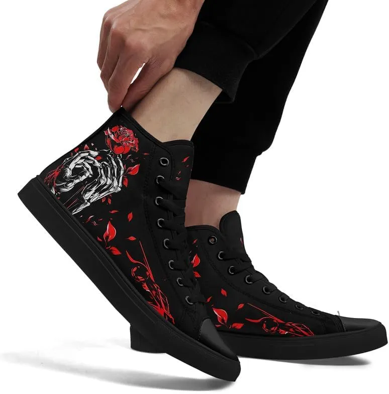 Skull High Top Sneaker for Men Women Fashion Rose Gothic Black Canvas Shoes Unisex Lace Up Casual Tennis Walking Flat Shoes