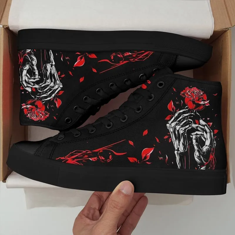 Skull High Top Sneaker for Men Women Fashion Rose Gothic Black Canvas Shoes Unisex Lace Up Casual Tennis Walking Flat Shoes