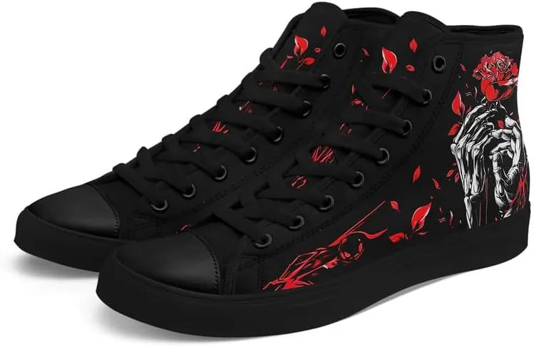 Skull High Top Sneaker for Men Women Fashion Rose Gothic Black Canvas Shoes Unisex Lace Up Casual Tennis Walking Flat Shoes