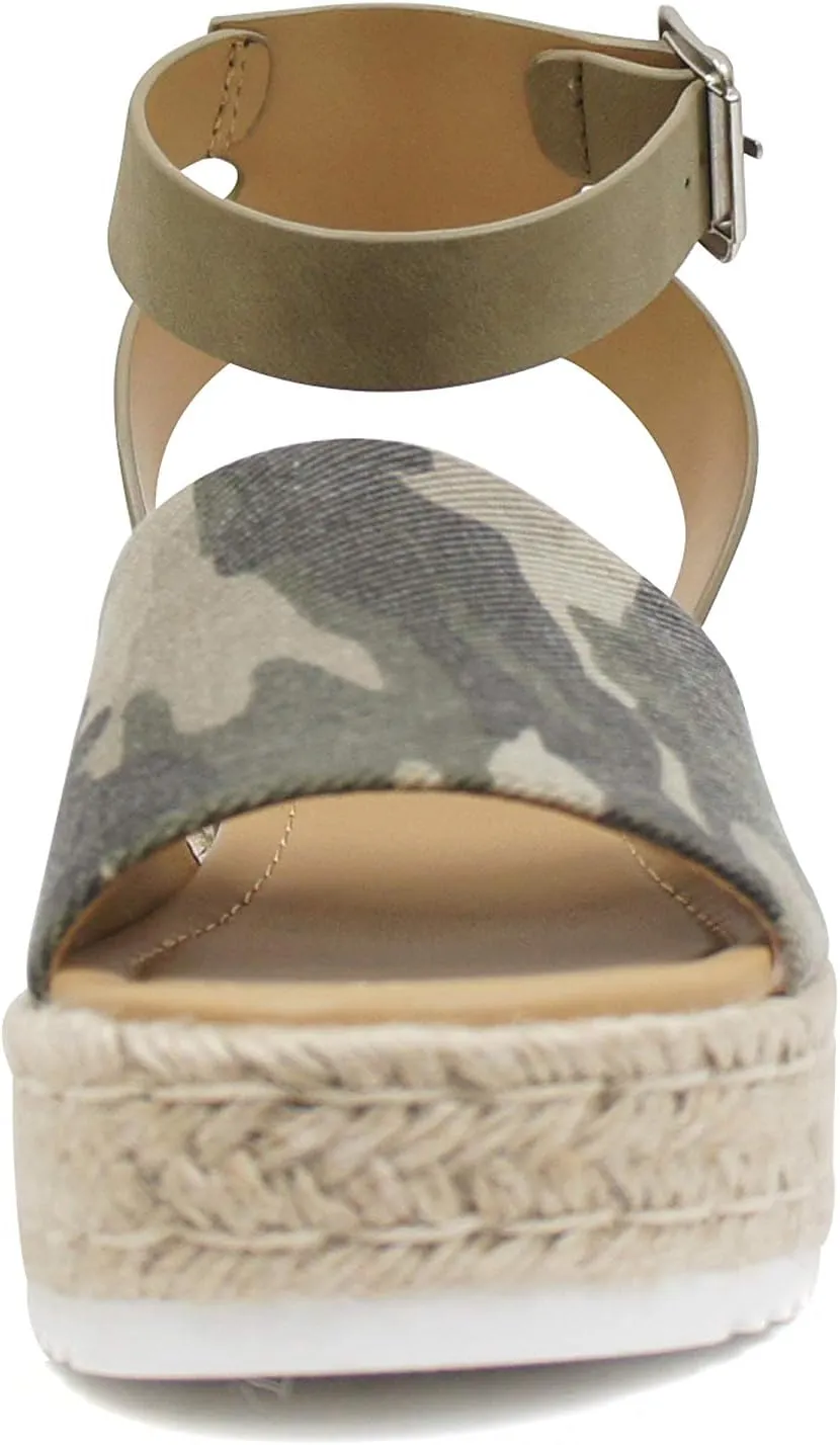 Soda Topic Open Toe Buckle Ankle Strap Espadrilles Flatform Wedge Casual Sandal