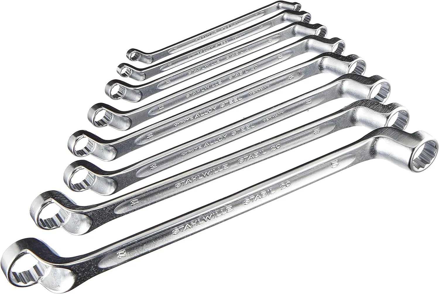 Stahwhile 96410405 Double Ended Ring Wrenches (Spanners) with Offset Heads, Made of Chrome Alloy Steel & Chrome Plated, Has Anti-Slip Drive Profile, Suitable in Confined Spaces, Set of 8 Wrenches