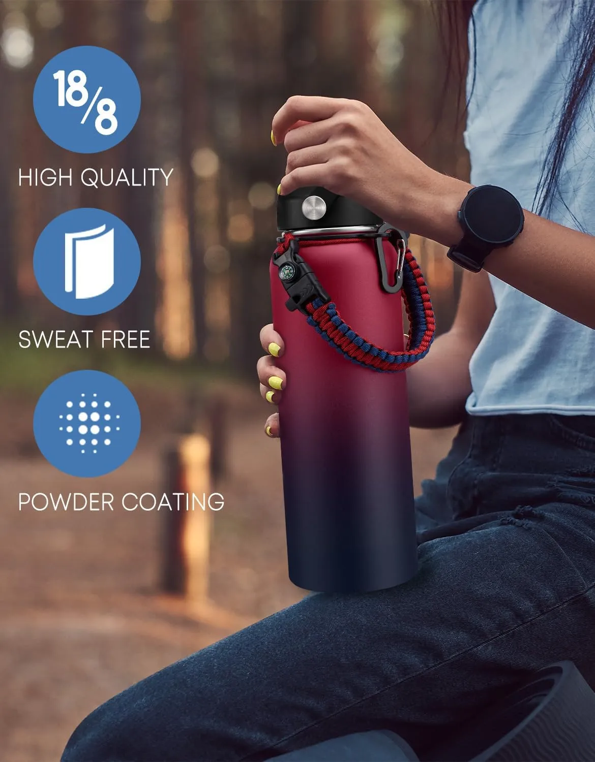Stainless Steel 40 oz Water Bottle with Straw, Paracord, and Carrying Case - Reusable for Hiking, Gym, Yoga, and Travel