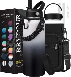 Stainless Steel 40 oz Water Bottle with Straw, Paracord, and Carrying Case - Reusable for Hiking, Gym, Yoga, and Travel