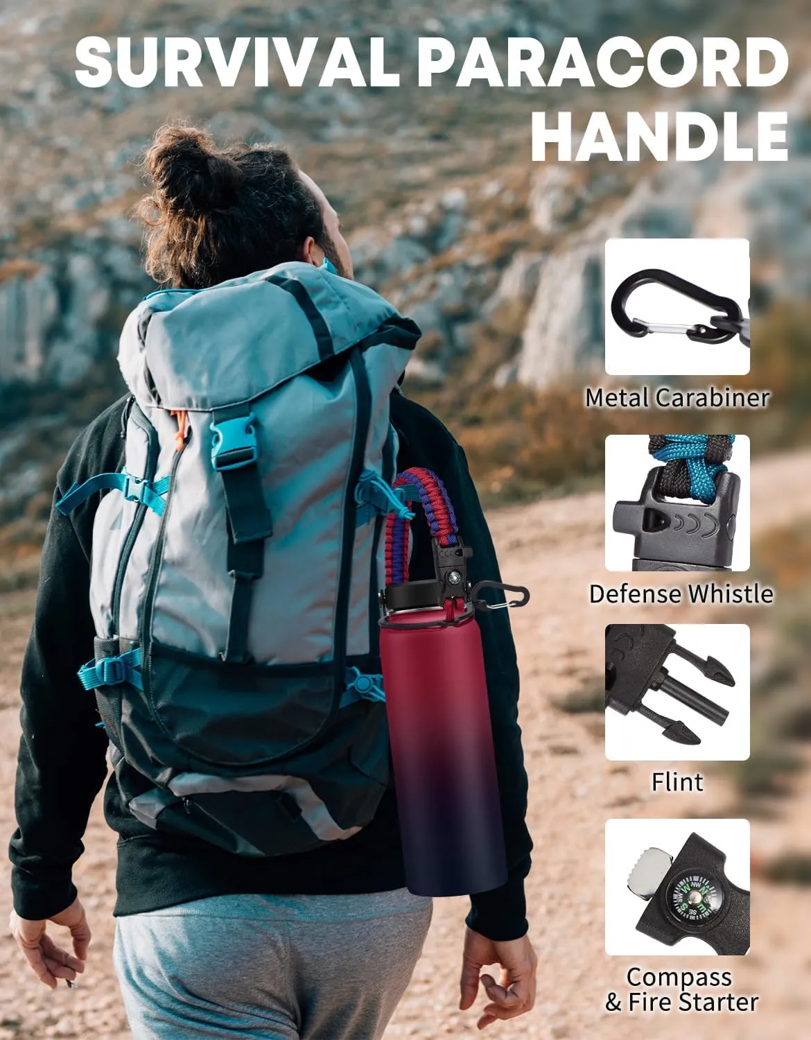 Stainless Steel 40 oz Water Bottle with Straw, Paracord, and Carrying Case - Reusable for Hiking, Gym, Yoga, and Travel