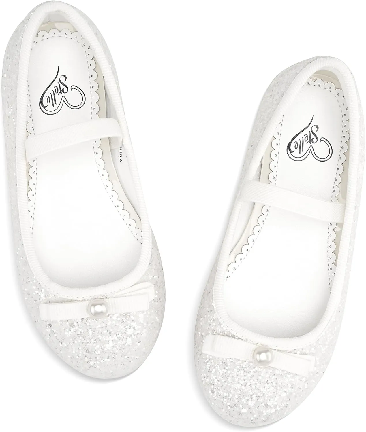 Stelle Girls Glitter Dress Shoes Flower Wedding Mary Jane Ballet Flats with Strap Toddler/Little/Big Kids