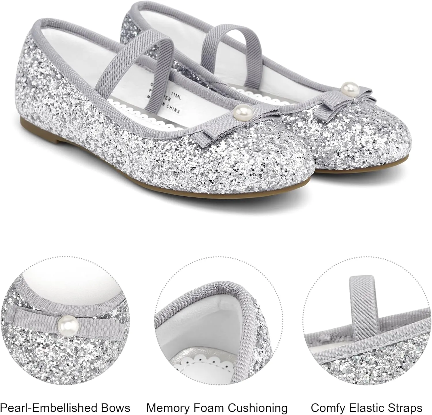 Stelle Girls Glitter Dress Shoes Flower Wedding Mary Jane Ballet Flats with Strap Toddler/Little/Big Kids