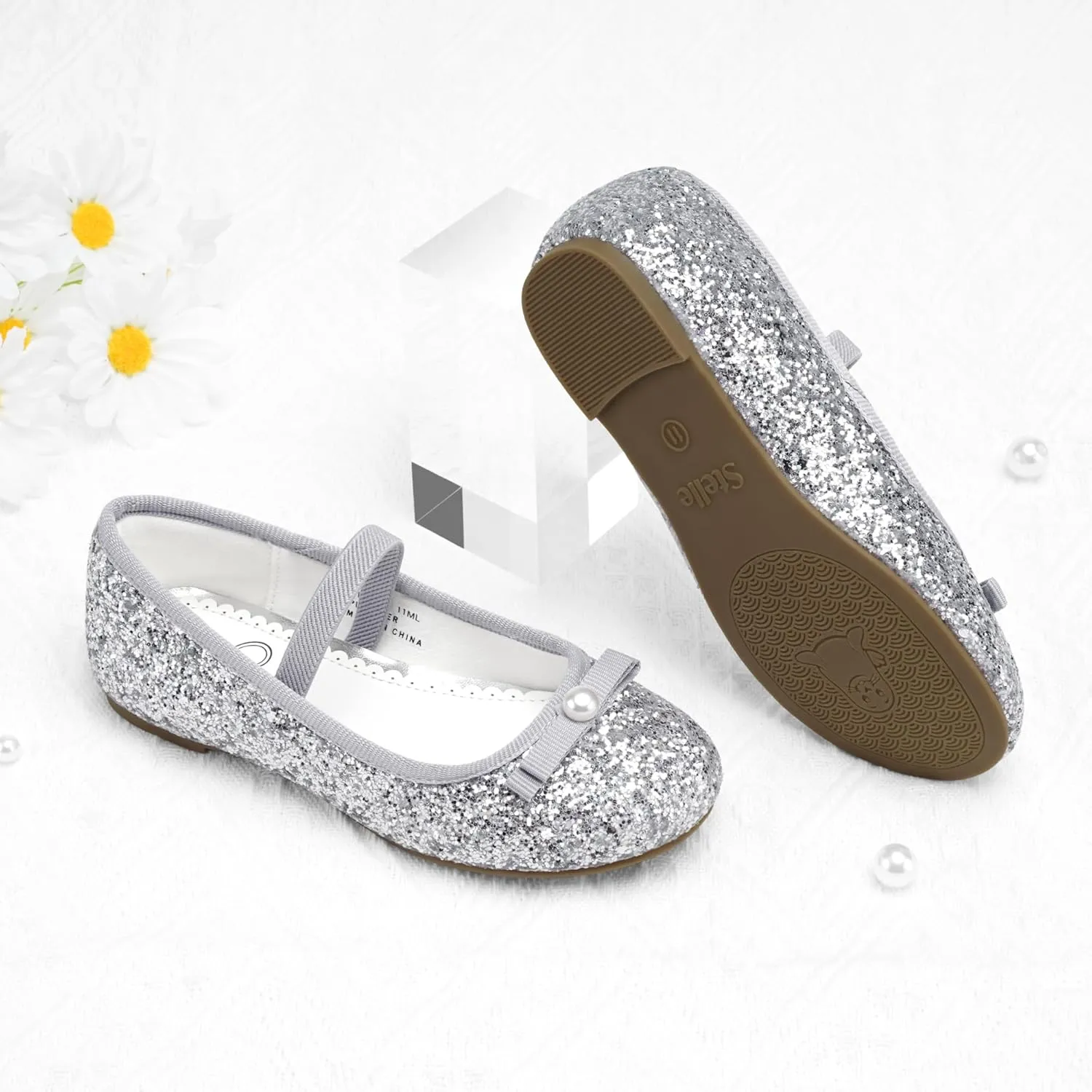 Stelle Girls Glitter Dress Shoes Flower Wedding Mary Jane Ballet Flats with Strap Toddler/Little/Big Kids