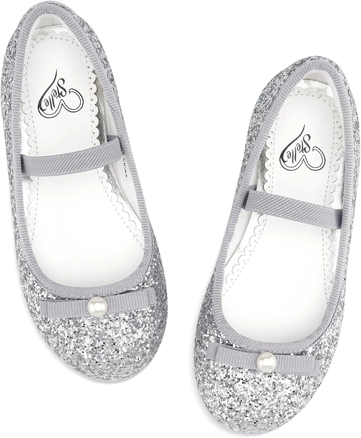 Stelle Girls Glitter Dress Shoes Flower Wedding Mary Jane Ballet Flats with Strap Toddler/Little/Big Kids