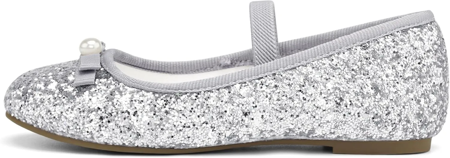 Stelle Girls Glitter Dress Shoes Flower Wedding Mary Jane Ballet Flats with Strap Toddler/Little/Big Kids