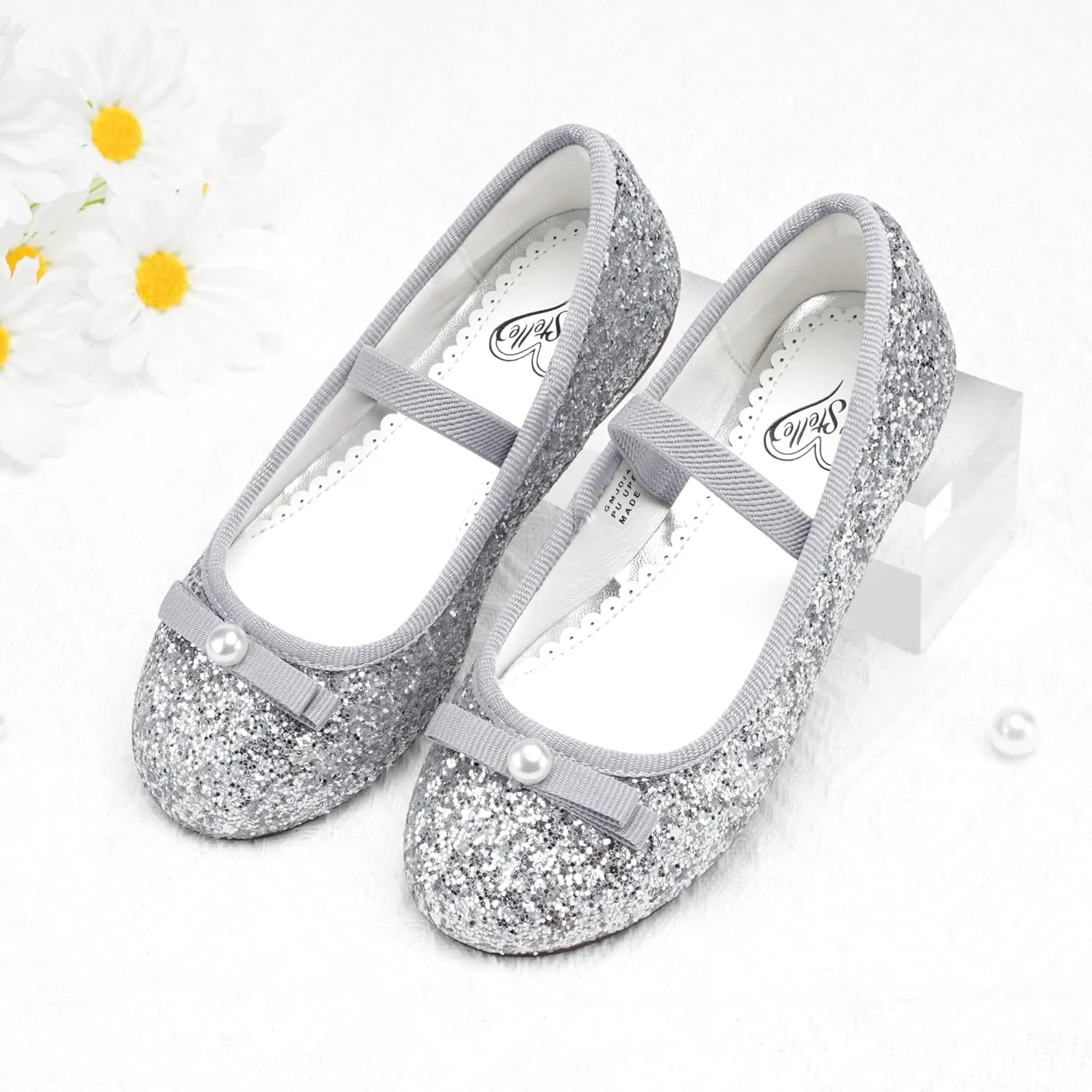 Stelle Girls Glitter Dress Shoes Flower Wedding Mary Jane Ballet Flats with Strap Toddler/Little/Big Kids