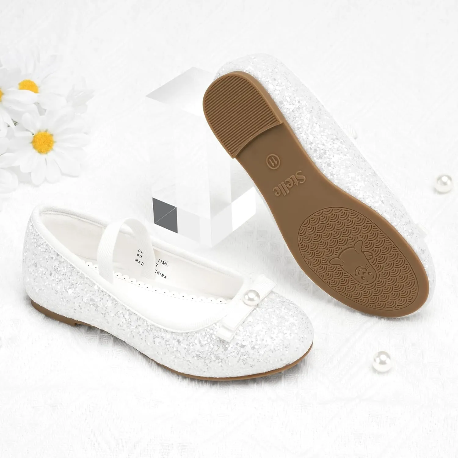 Stelle Girls Glitter Dress Shoes Flower Wedding Mary Jane Ballet Flats with Strap Toddler/Little/Big Kids