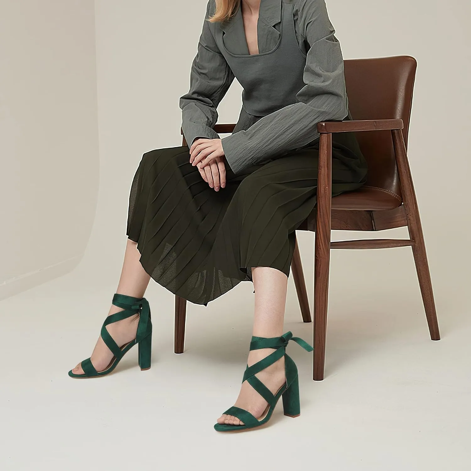 Strappy Heels for Women Chunky Heels High Heeled Sandals with Lace Up Fahsion Casual Nude Block Heel Sandals