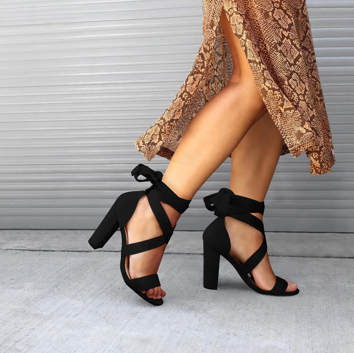 Strappy Heels for Women Chunky Heels High Heeled Sandals with Lace Up Fahsion Casual Nude Block Heel Sandals