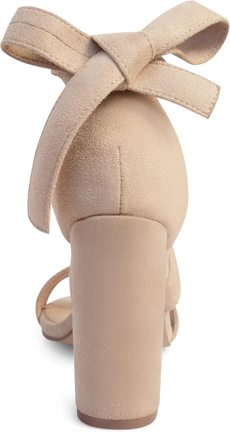 Strappy Heels for Women Chunky Heels High Heeled Sandals with Lace Up Fahsion Casual Nude Block Heel Sandals