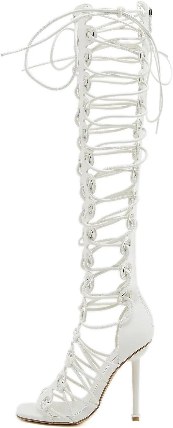 STUPMARY Women Peep Toe Sandals Cut-outs Cross-tied Lace Up High Heeled Gladiator Sandals Zipper Over The Knee Bootie Summer